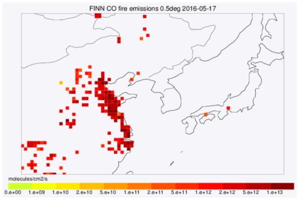 FINN 모델 자료의 예시 (2016년 5월 17일). Source: https://www.acom.ucar.edu/acresp/forecast/fire-emissions.shtml