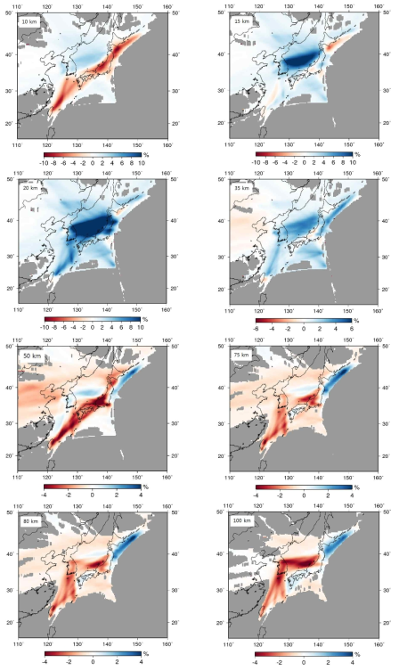 Depth slices from the SV-velocity model at various depths down to 100 km. Regions not well covered by data sets are illustrated in gray