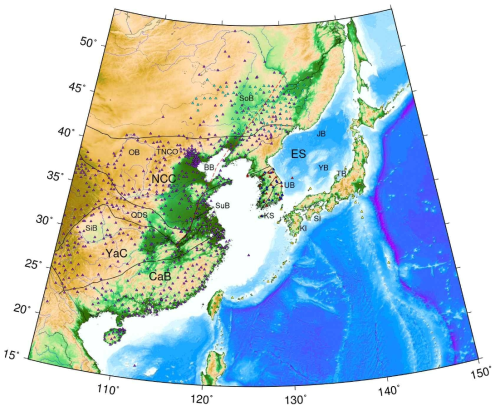 Broadband seismometer stations used in this study: (purple) CRSN, (yellow) F-net, (green) BATS, (cyan) NECESSarray, (blue) KIGAM, (red) KMA. Labels indicate locations of geologic units: (ES) East Sea, (UB) Ulleung basin, (YB) Yamato basin, (JB) Japan basin, (TB) Toyama basin, (KS) Korea Strait, (KI) Kyushu Island, (SI) Shikoku Island, (SoB) Songliao basin, (BB) Bohai Bay basin, (SuB) Subei Yellow Sea basin, (SiB) Sichuan basin, (NCC) North China craton, (OB) Ordos block, (YaC) Yangtze craton, (CaB) Cathaysia block, (TNCO) Trans-North China orogen, (QDS) Qingling-Dabie-Sulu belt. (PHS) Philippine Sea plate. (PP) Pacific plate. Red dashed line delineates the Tan-Lu fault