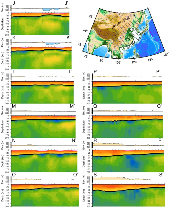 Transects trending from the NE to the SW. Colors for the crust and mantle are on the same scale as in figure 8. The major tick marks on the x-axis here also represent 500 km increments, but the transect lengths vary from 2000 km to 2500 km