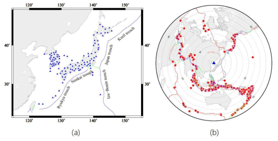 Map of the study area. (a) Distribution of the broadband seismic stations installed in the Korean and Japan regions. (b) Distribution of teleseismic events for S-wave phases. The blue and red, green solid lines indicate convergent, divergent, and transform fault boundaries, respectively (Bird, 2003)