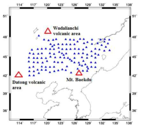 Map of the study area. The blue triangles indicate the distribution of temporary broadband seismic stations installed in Northeast China. The red triangles show the geographic locations of volcanic areas in Northeast China