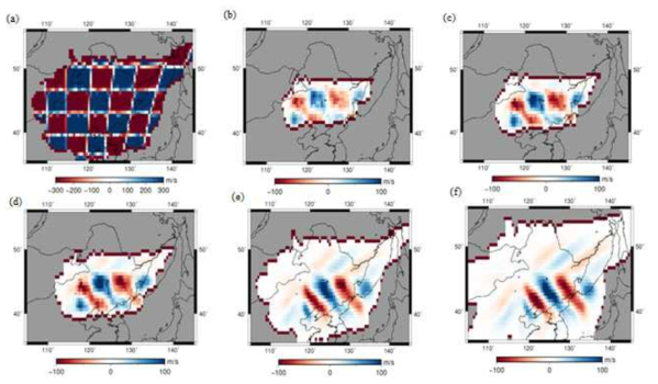 Checkerboard resolution tests at depths of 100, 200, 300, 400, and 500 km. The checkerboards consist of 400 km size squares with anomalies of ± 300 m/s as shown in (a). Retrieved models for anomalies of 400 km × 400 km are shown at (a) 100, (b) 200, (c) 300, (d) 400, and (e) 500 km, respectively