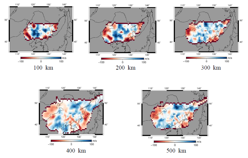 Depth slices of S-wave velocity perturbations obtained by inverting S-wave relative travel times using IASP91 (Kennett and Engdahl, 1991) as a reference model. Blue and red colors indicate high- and low-velocity perturbations, respectively. The locations of the volcanic areas in Northeast China are consistent with the positions above the low-velocity zones