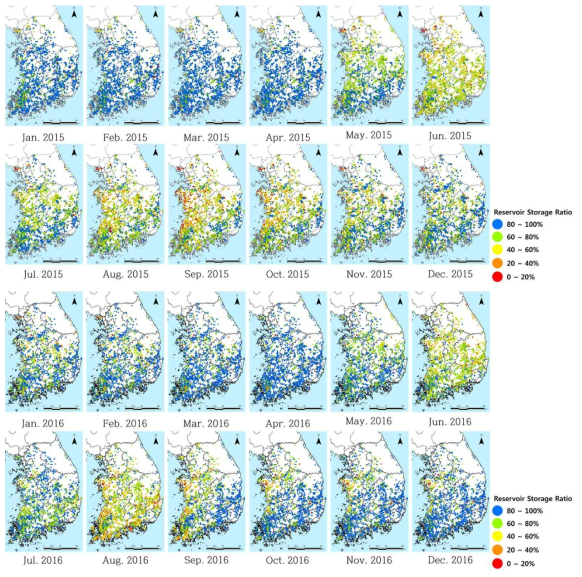 월별 농업용 저수지 저수율 (2015-2016)