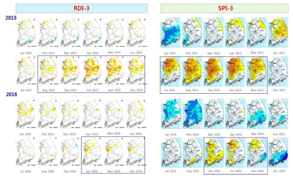 산정된 RDI3과 SPI3의 공간분포결과