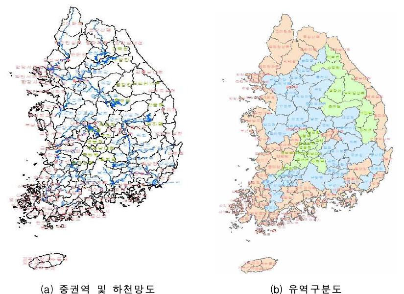 중권역, 하천망도 및 MSWSI 유역구분도