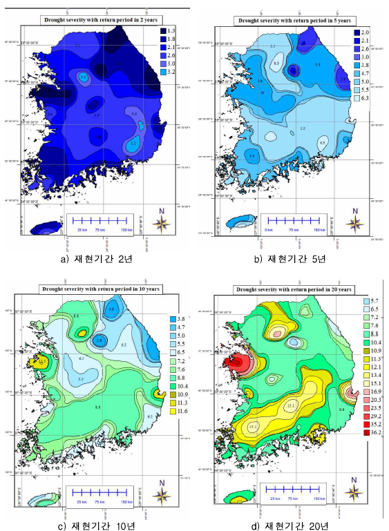 재현기간별 가뭄심도 분포도