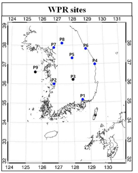 Deployment of wind profiler belong to KMA in Korea(Blue points : Radiosonde observation points)