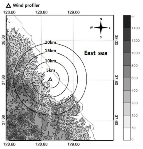 Topographic contour around Gangneung and position of Gangneung PCL 1300