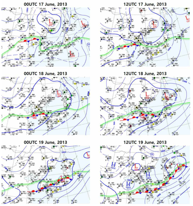 Surface weather charts during Jangma front passage from 00UTC June 17 to 12UTC June 19 2013