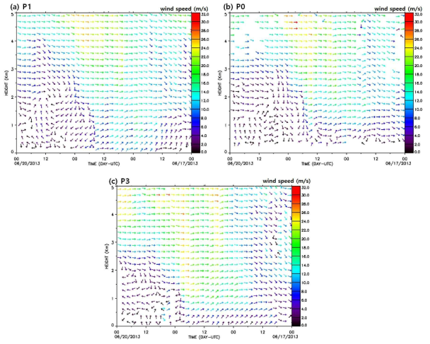 Time-height cross section of wind vectors retrieved by wind profilers