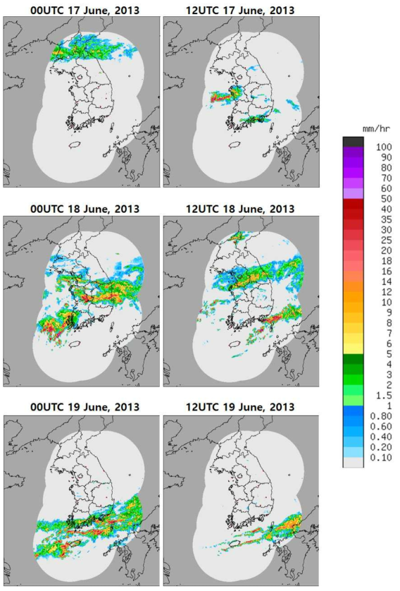 Composed radar images during Jangma front passage from 00UTC June 17 to 12UTC June 19 2013