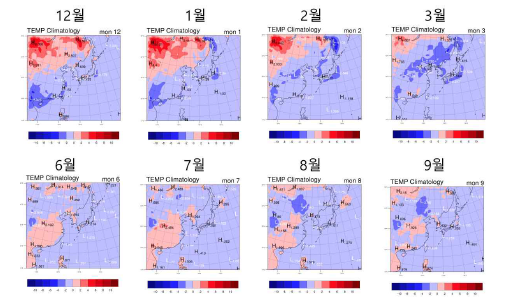 지상 온도의 매월별 재분석자료와 모형 간의 평균 오차