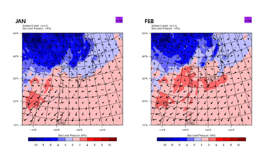 겨울철 1월과 2월에 대하여 평균된 해면기압(SLP, contour)과 바랑장(vector)의 재분석자료와 모형 결과의 편차