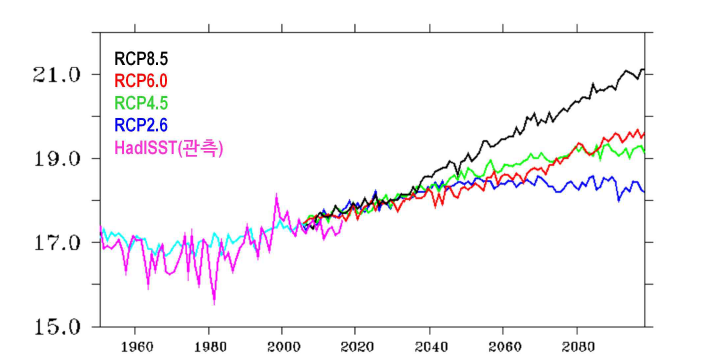 현재기후(밝은 파랑) 및 온난화 시나리오별(파랑,녹색,빨강,검정)로 CMIP5 10개 모형이 모사 하는 한반도 연근해 해수면 온도(℃) 앙상블 평균 및 관측(분홍) 비교