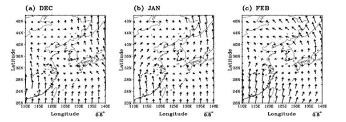 CMIP5 모형이 모의하는 현재기후와 미래기후의 한반도 기온과 관련된 대기순환 패턴 차이 (a) 12월, (b) 1월 그리고 (c) 2월