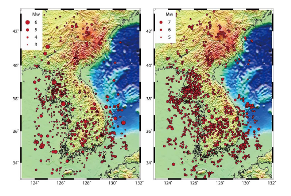 Epicentral distributions of the earthquakes in the observed catalog (left) and the synthetic catalog (right). The observed catalog consists of earthquakes of MW ≥ 3.0 from 1913 to September 2016, while the synthetic one does events of MW ≥ 3.0 simulated for 5,000 years