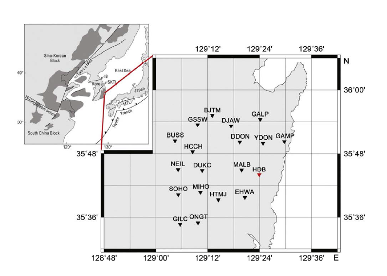 Location map of the temporary broadband seismic array of 18 stations, together with the permanent seismic station (HDB), in the Gyeongju area of Korea. The tectonic map shown in the inset is redrawn from Chough and Sohn (2010). Shaded areas in the inset map indicate Cretaceous sedimentary basins. Abbreviations are: IB; Imjingang Belt, SKTL; South Korean Tectonic Line, MTL; Median Tectonic Line