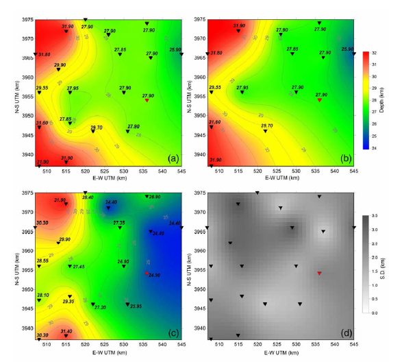 Moho depth and standard deviation distributions of the study area: (a) Moho depth distribution using the results of all 19 stations from S-wave velocities, (b) Moho depth distribution from S-wave velocities excluding the results of 5 stations with large transverse components, (c) Moho depth distribution from H - k analysis for all 19 stations, and (d) standard deviation distribution of depths from H - k analysis