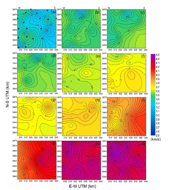 S-wave velocity distributions for (a) 2, (b) 5, (c) 8, (d) 11, (e) 14, (f) 17, (g) 20, (h) 23, (i) 26, (j) 29, (k) 32, and (l) 35 km depth slice sections. The contour interval is 0.02 km/s, with a velocity color scale. Seismic station locations are shown in (a) to enable precise positioning