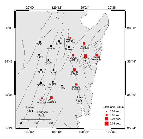 Distribution of the estimated K0-values for TSAG. Red squares represent the station sites where K0-values were estimated. The relative sizes of the squares are proportional to the K0-values. The solid lines inside of the shaded land area indicate the fault traces in the study area