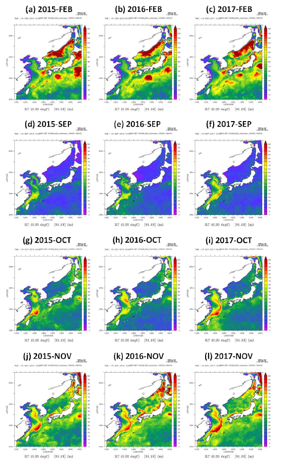 MLDs(Mixed layer depth) in February (a-c), September (d-e), October (g-i), and November (j-l) around the Korean peninsula from 2015 to 2017. Estimated MLDs were provided in HYCOM global model data