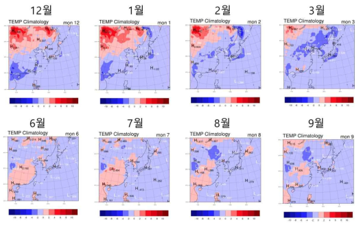 지상 온도의 매월별 재분석자료와 모형 간의 평균 오차