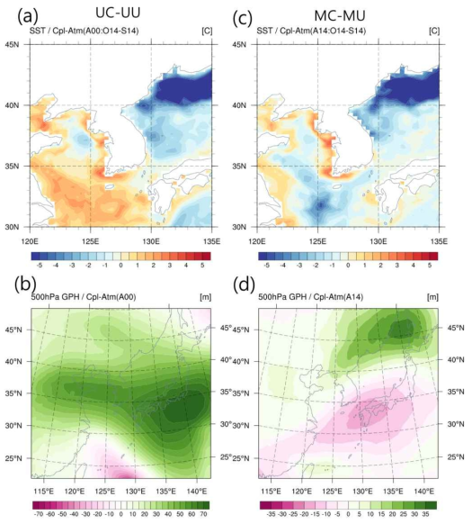 UC와 UU 실험 결과 간의 해수면 온도 (a)와 500 hPa GPH (b)의 차이. MC와 MU 실험 결과 간의 해수면 온도 (c)와 500hPa GPH (d)의 차이