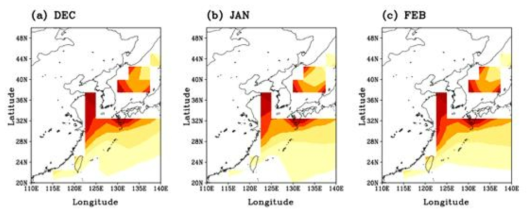 CMIP5 모형이 모의하는 미래 기후에서 한반도 기온과 연근해 해수면온도의 상관관계 패턴 (a) 12월, (b) 1월 그리고 (c) 2월