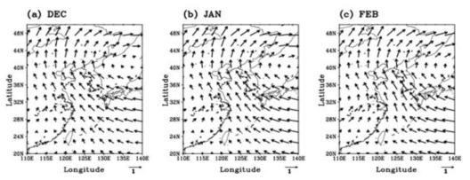 CMIP5 모형이 모의하는 현재 기후에서 한반도 기온과 관련된 대기순환 패턴 (a) 12월, (b) 1월 그리고 (c) 2월