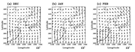 CMIP5 모형이 모의하는 현재기후와 미래기후의 한반도 기온과 관련된 대기순환 패턴 차이 (a) 12월, (b) 1월 그리고 (c) 2월