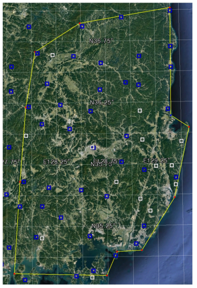 Area for installing temporary seismic stations to monitor microearthquakes in the Yeongnam region (~30,000 km2). Squares: permanent seismic stations