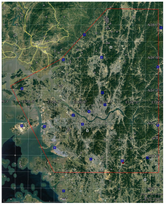 Area for installing temporary seismic stations to monitor microearthquakes in the capitol region (~8,300 km2). Squares: permanent seismic stations