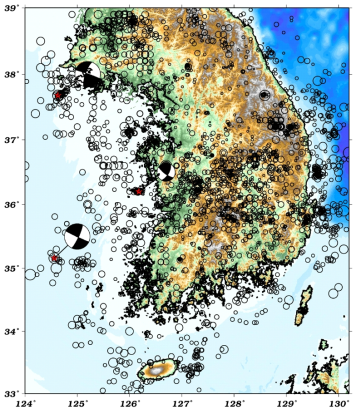 Epicenters of the earthquakes that occurred recently in and around the Korean Peninsula (from the Korea Meteorological Administration)