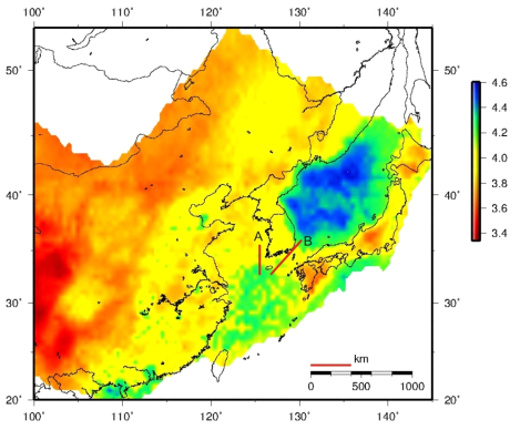 Vsv slice at 30 km depth overlaid with OBS lines for studying crustal structure offshore the Korean Peninsula. A and B are the lines in the Yellow Sea and the South Sea, respectively