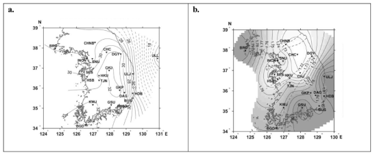 Crustal thickness (a) and Vp/Vs (b) of Korea (Chang and Baag, 2007). The depth to the base of the continental crust and the Vp/Vs are determined from the grid search in the H-κ domain (Zhu and Kanamori, 2000).