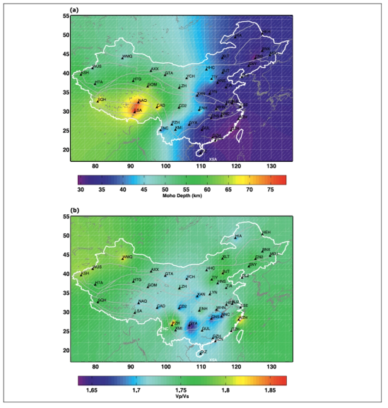 Crustal structure beneath China from teleseismic receiver functions (Chen et al. 2010). (a) Moho topography from 48 Chinese National Digital Seismic Network stations shown as black triangles. (b) Lateral variation of Vp/Vs ratio. Note that the margins outside station coverage in both maps are poorly constrained