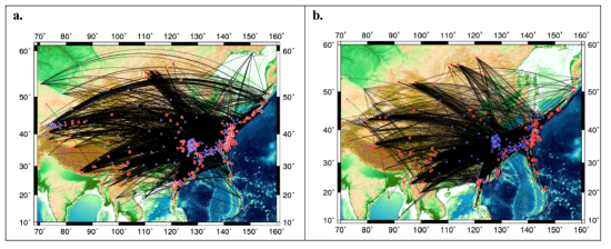 Ray paths between epicenters and stations for Love-wave (a) and Rayleigh-wave (b) group velocity measurements. Red circles and blue triangles indicates the locations of epicenters and stations, respectively. Figures are taken from Min and Chang (2017) and Yoo and Chang (2017)