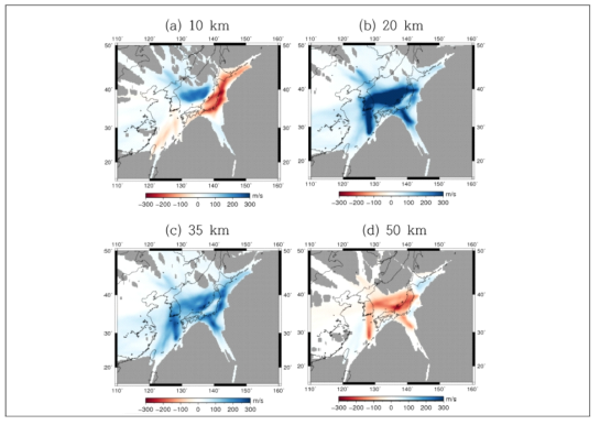 Depth slices from the 3-D SH-velocity models at various depths (Min and Chang, 2017). Velocity perturbations are relative to the reference model IASP91 (Kennett and Engdahl, 1991). Regions not covered by data sets are indicated in gray. Refer to slices at deeper depths at Min and Chang (2017)