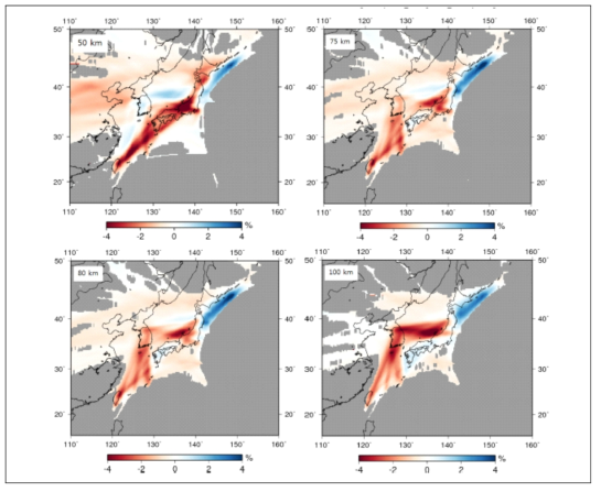 Depth slices from the SV-velocity model at various depths down to 100 km (Yoo and Chang, 2017). Regions not well covered by data sets are illustrated in gray. Refer to slices at shallower depths at Yoo and Chang (2017)