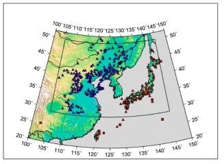 Locations of broadband seismic stations in China (Chinese Provincial Networks; blue triangles), Japan (F-Net; red triangles) and Korea (IRIS Global Seismological Network, GSN; one red square) (Zheng et al., 2011)