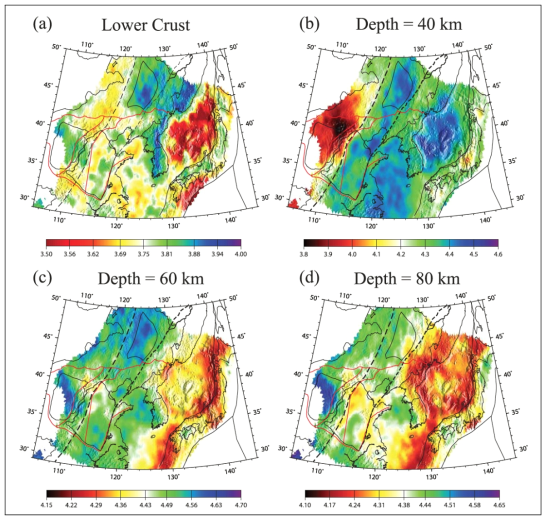 Crustal and uppermost mantle speed from ambient noise tomography (Zheng et al., 2011). Each panel shows a horizontal depth slice at lower crust (a), 40 (b), 60 (c), and 80 km (d) depths through the derived three-dimensional Vsv model. Color bars beneath each panel give the range of shear wave speeds in km/s. Note that dashed lines denotes North-South Gravity Lineament (left) and Tancheng-Lujiang fault (right), respectively