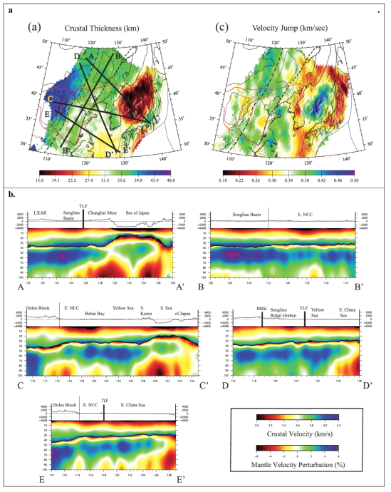 Crustal and uppermost mantle speed from ambient noise tomography (Zheng et al., 2011). (a) Crustal thickness and shear velocity jump across Moho (km/s). The profile lines are the locations of the vertical profiles shown in b. (b) Five vertical profiles through the 3-D model along the lines shown in a. The mantle velocities are defined relative to 4.35 km/s