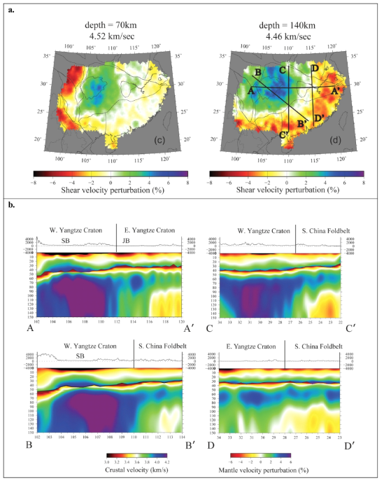 The structure of the crust and uppermost mantle beneath South China from ambient noise tomography (Zhou et al., 2012). (a) Horizontal slices of Vsv at 70 and 140 km depths. The straight lines in the right panel identify the locations of the vertical model slices in b. (b) Vertical slices of the estimated Vs model. The mantle velocity perturbation is calculated relative to 4.5 km/s. The thin black line is the Moho