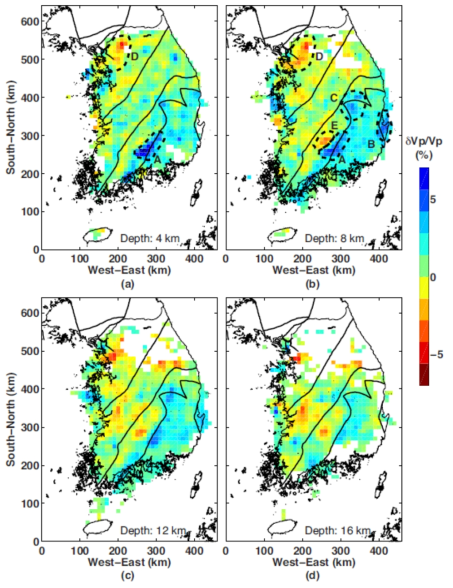 Plan view of percentage perturbations of the recovered 3-D Vp model at selected depths of (a) 4, (b) 8, (c) 12, and (d) 16 km