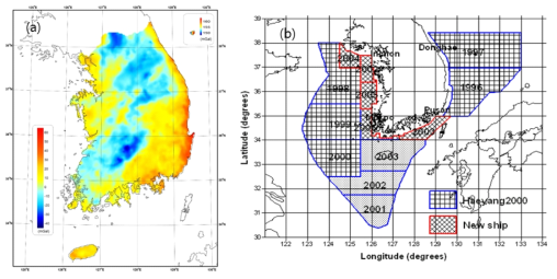 (a) Land gravity (Bouguer) anomaly map of the Korea Institute of Geoscience and Mineral Resources and (b) shipborne gravity survey area of the Korea Hydrographic and oceanographic agency (b)