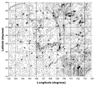 Integrated gravity anomaly map in and around the Korean Peninsula by compiling various gravity data (Choi et al., 2003)