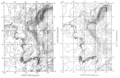 Bouguer anomaly (a) and Moho undulation model (b) by analyzing global geopotential model, OSU89B (Choi et al., 1993)