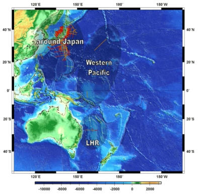 Track lines for MCS and OBS sounding to compute crustal structure around the Japan Arc and in the northwestern and southwestern Pacific. (From https://www.jamstec.go.jp /jamstec-e/IFREE_ center/index-e.html)